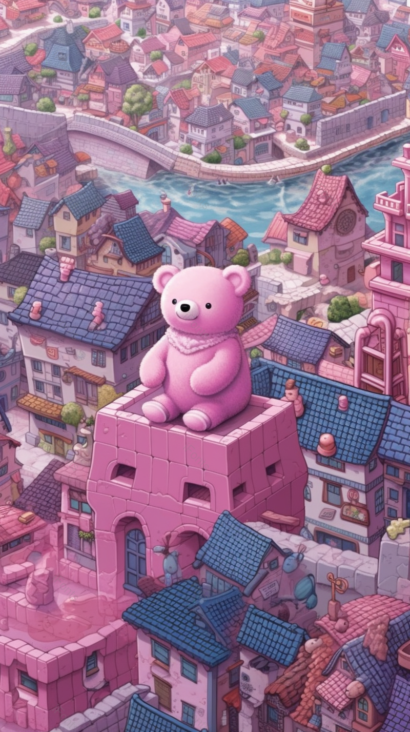 河边高楼楼顶玩具小熊楼房房屋城市六一儿童节背景粉色插画,插画/手绘图,插画/手绘图库,插画/手绘图下载,插画/手绘